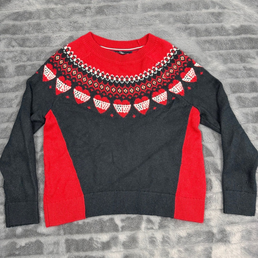 Tommy Hilfiger Womens Fair Isle Heart Sweater Black Red Colorblock Small